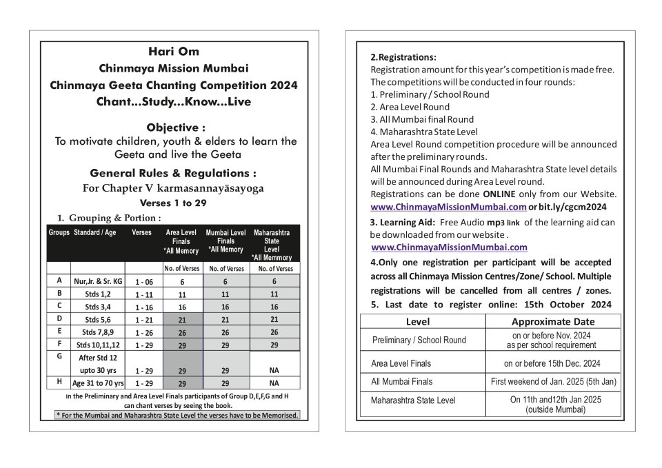 Chinmaya Geeta Chanting Competition 2024 Rules & regulations